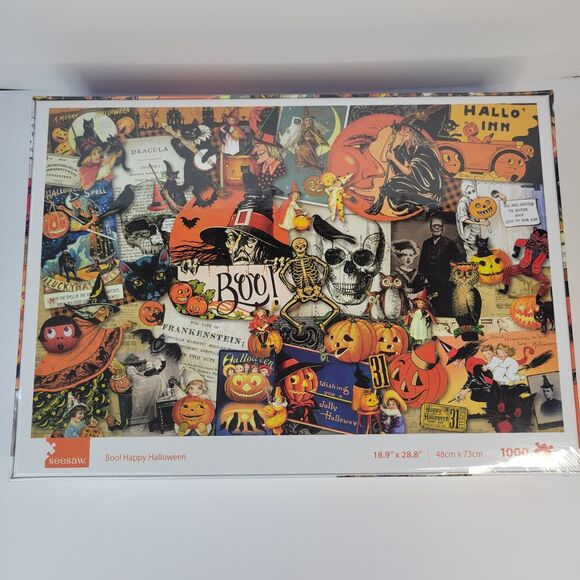 Seesaw Boo Happy Halloween 1000pc Jigsaw Puzzle Retro Vtg Style Collage Art Cats - Picture 3 of 11